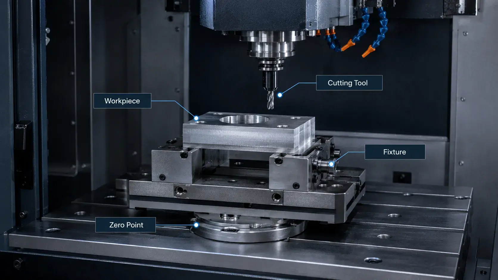 CNC machine setup with workpiece fixture and cutting tool