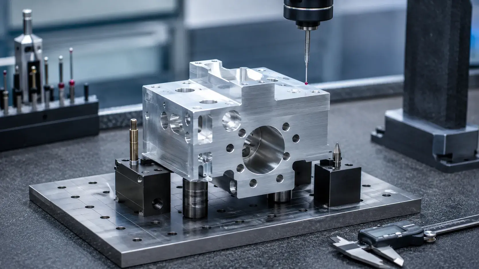 CNC machining datum reference showing precision part positioning