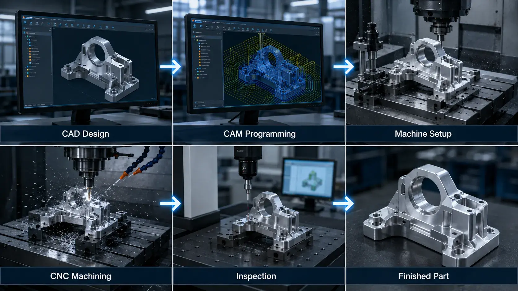 CNC machining process from CAD design to finished part