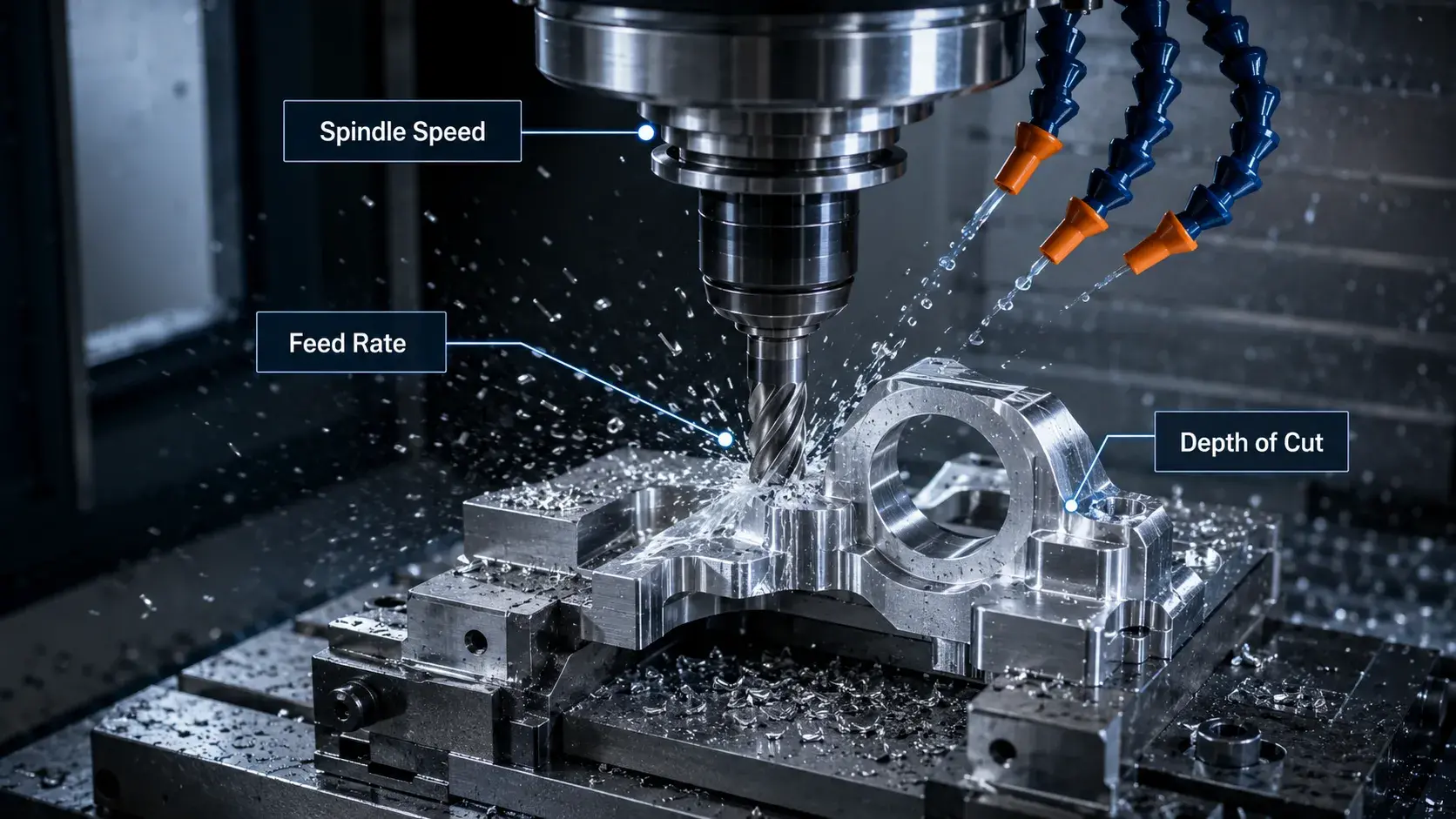 CNC milling showing spindle speed feed rate and depth of cut