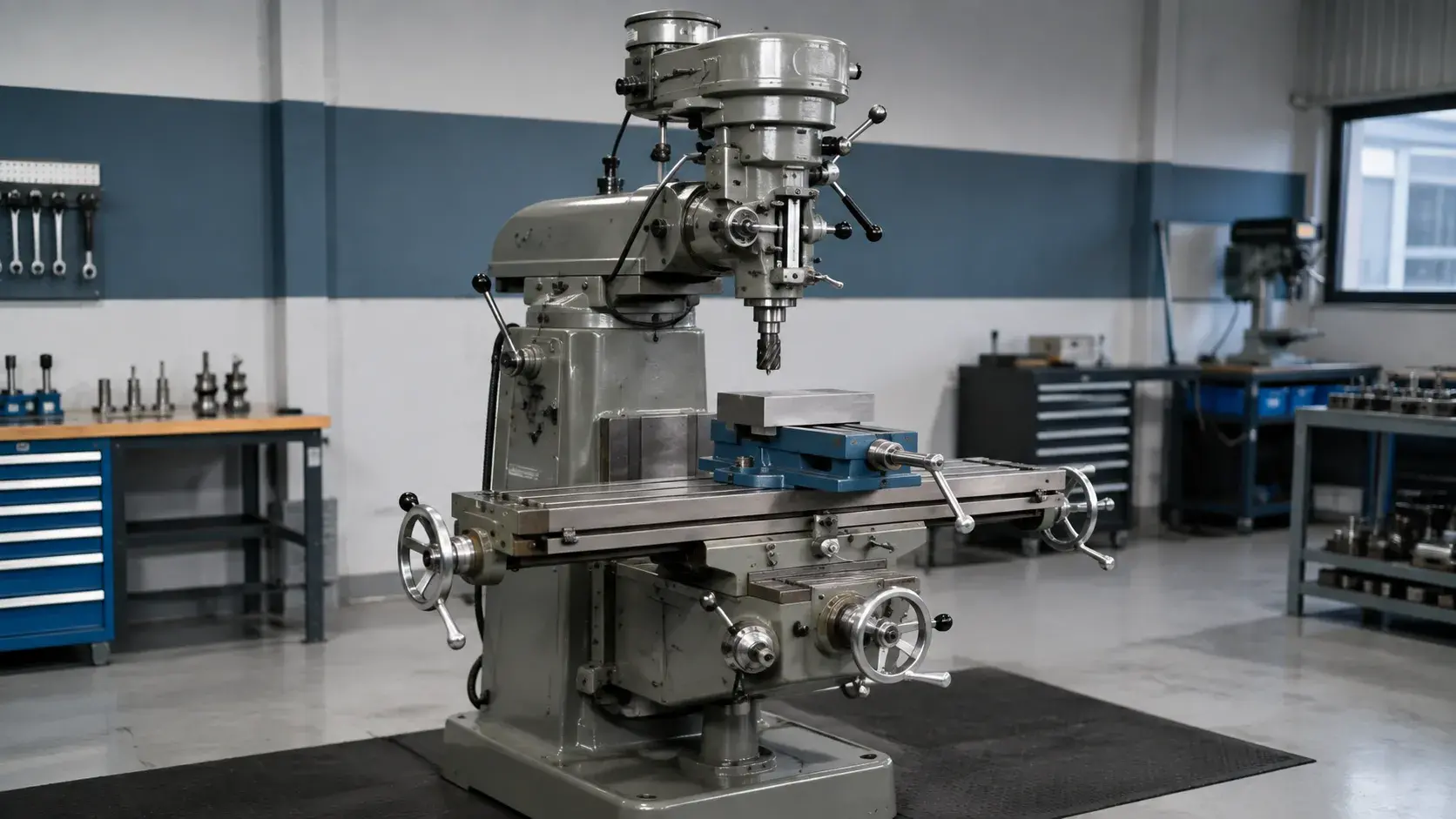 Manual milling machine in a machine shop