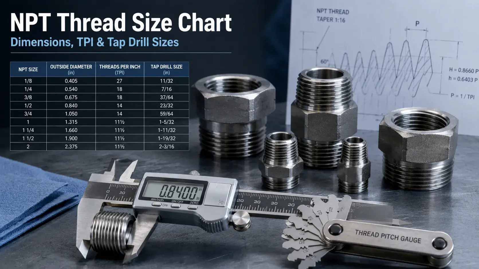 NPT thread size chart with dimensions TPI and tap drill sizes