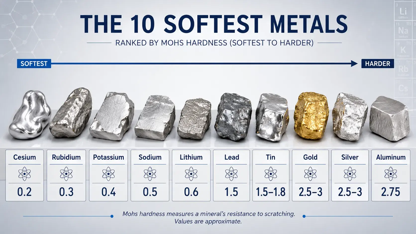 Top 10 softest metals by Mohs hardness