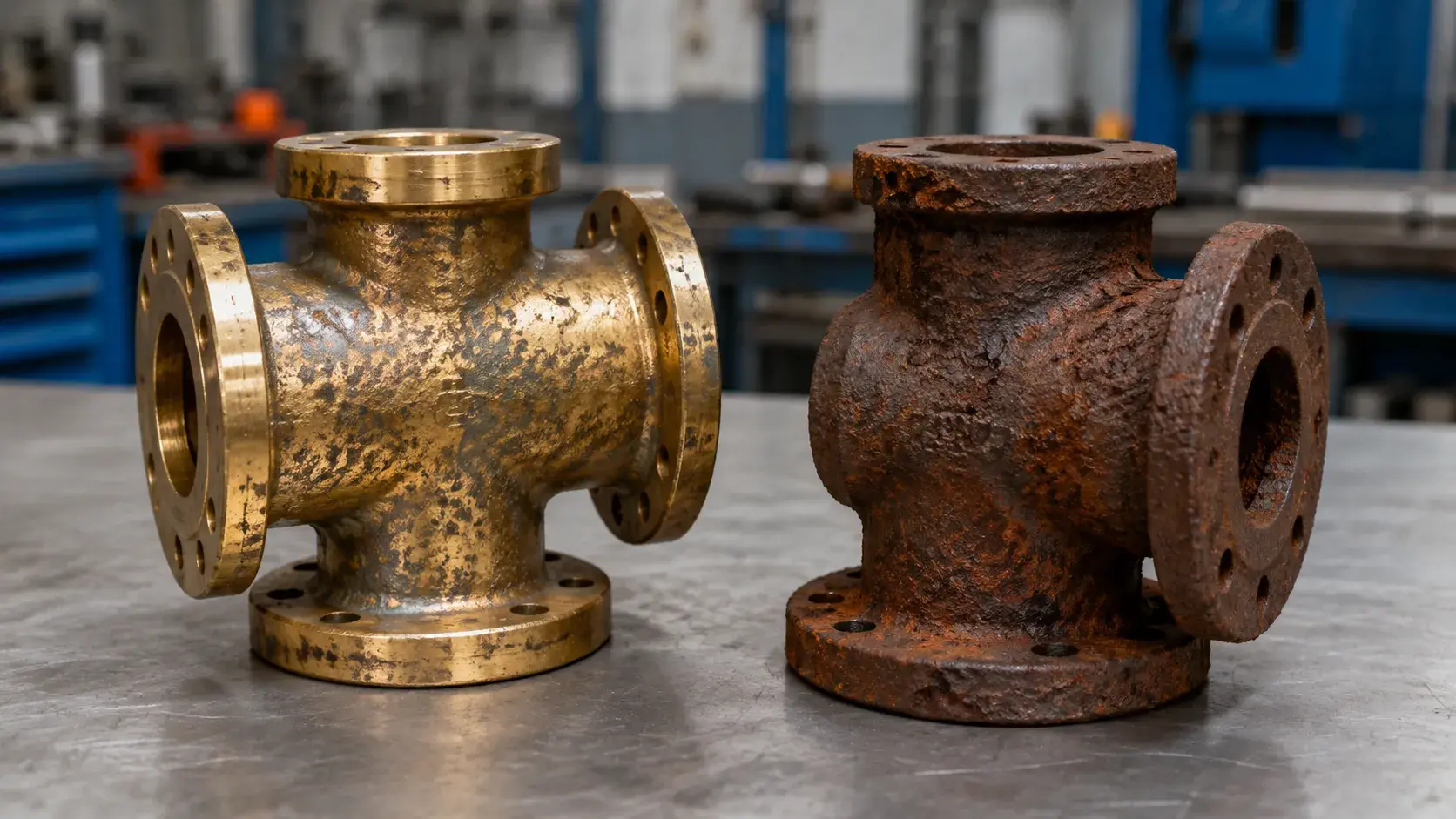 Comparison between tarnished brass and rusty steel surface