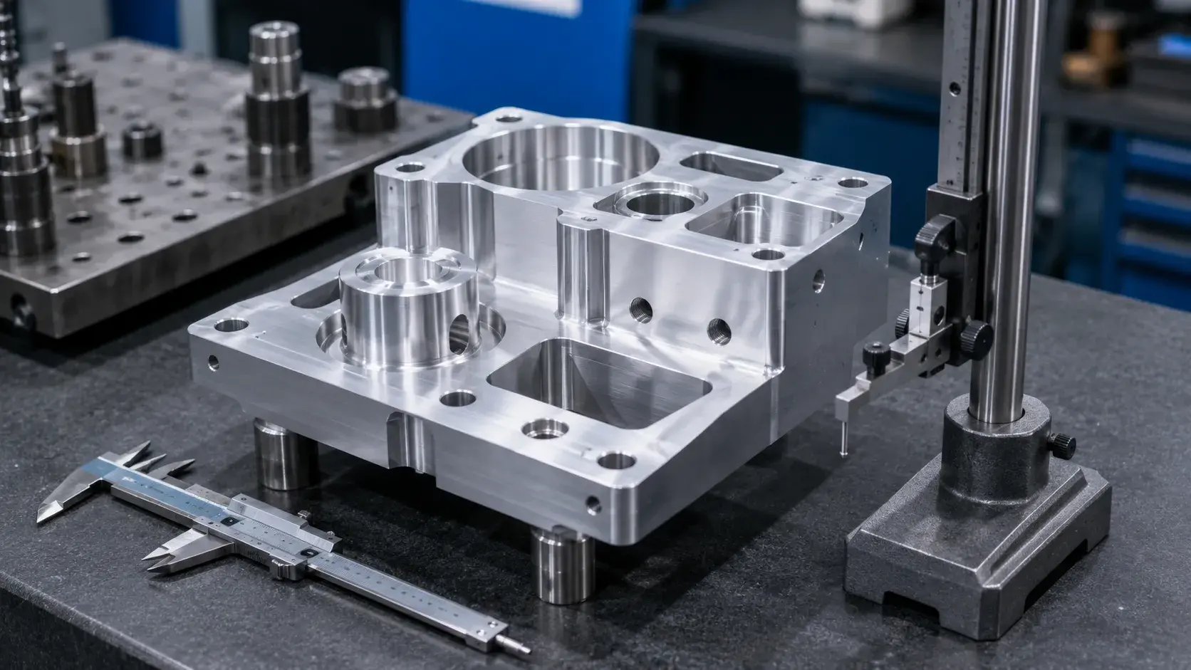 CNC machined part showing datum feature reference surfaces