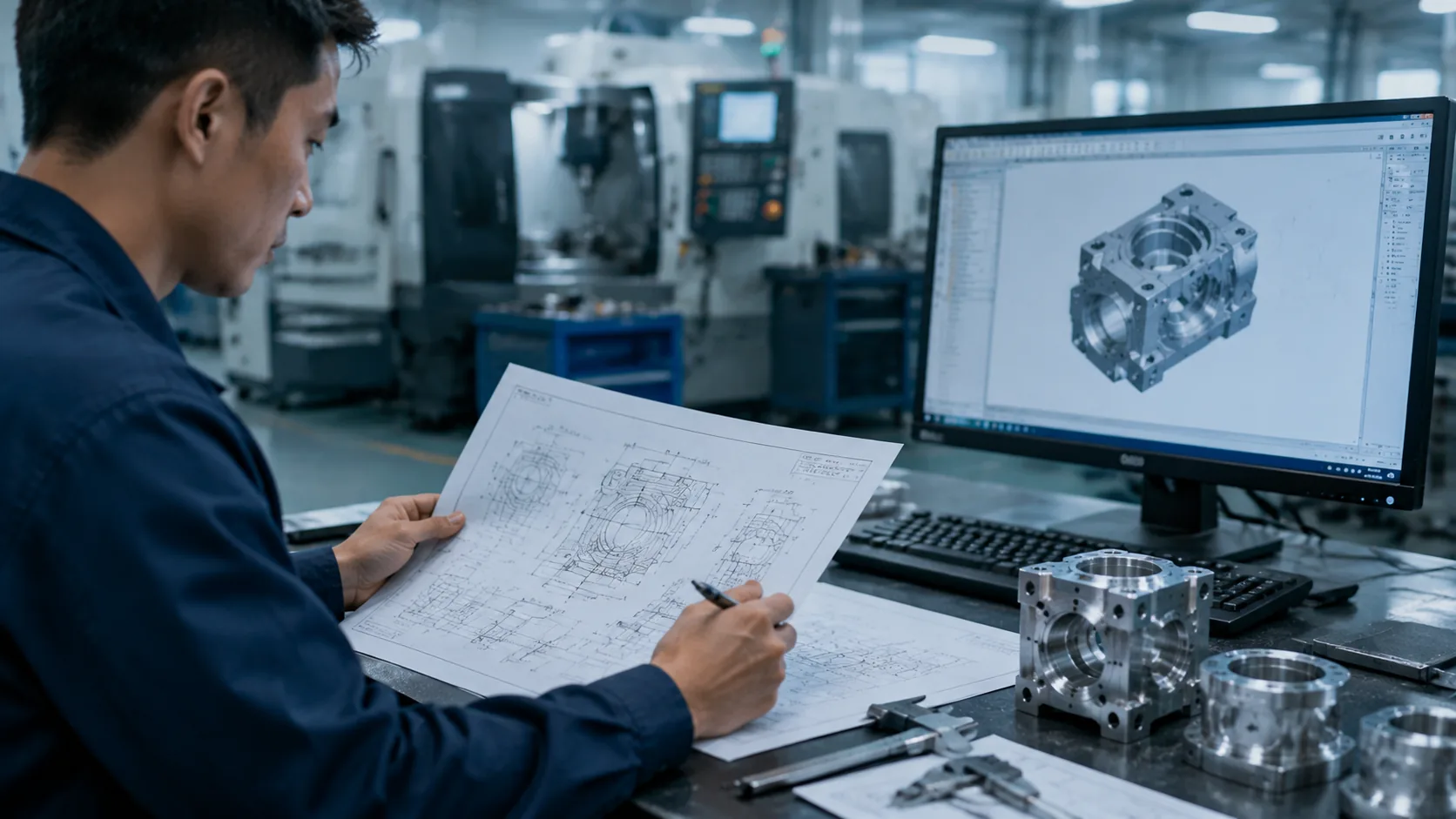 Engineer reviewing CNC machining engineering drawing