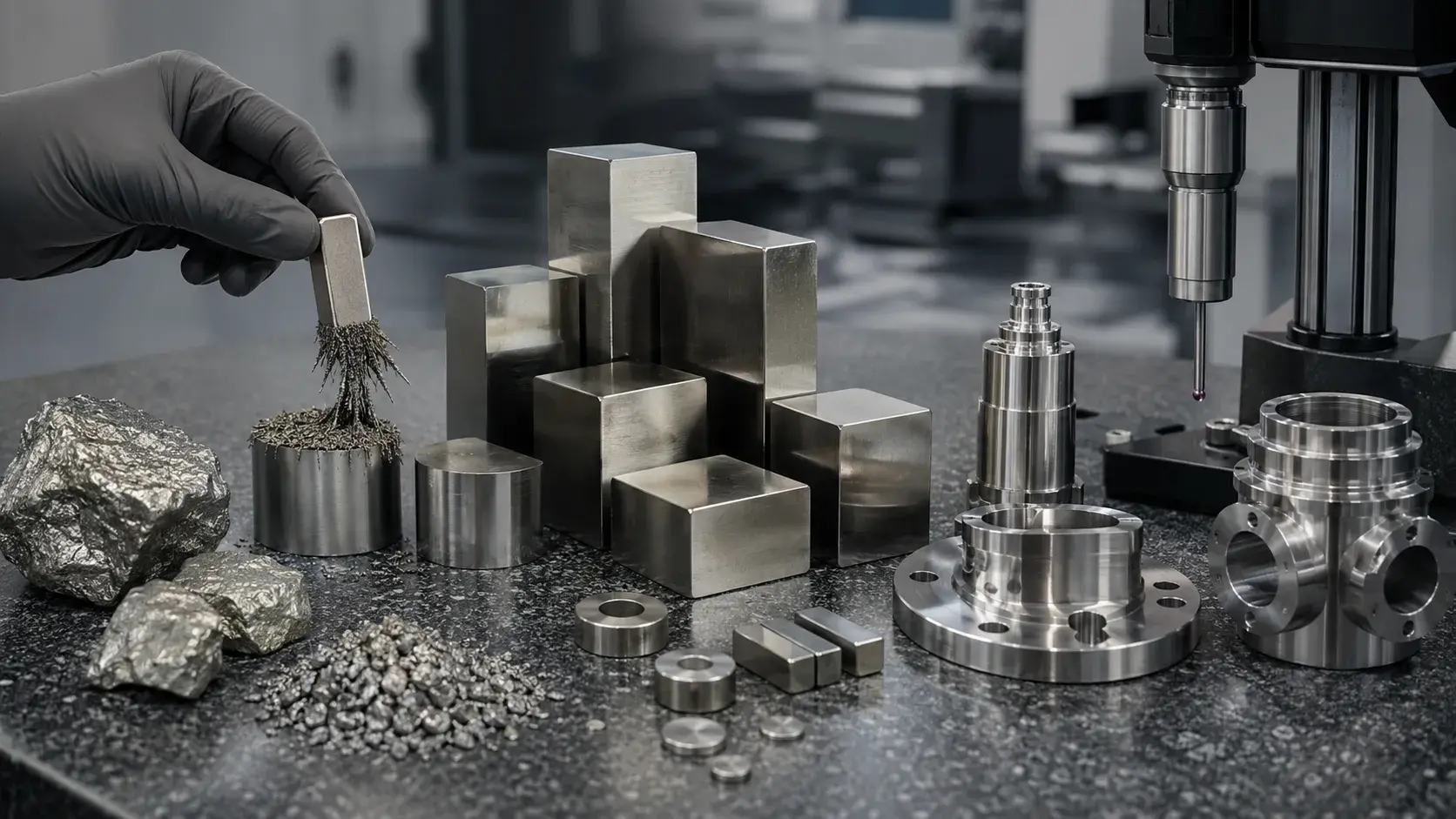 Nickel metal samples and CNC machined nickel alloy parts showing magnetic properties