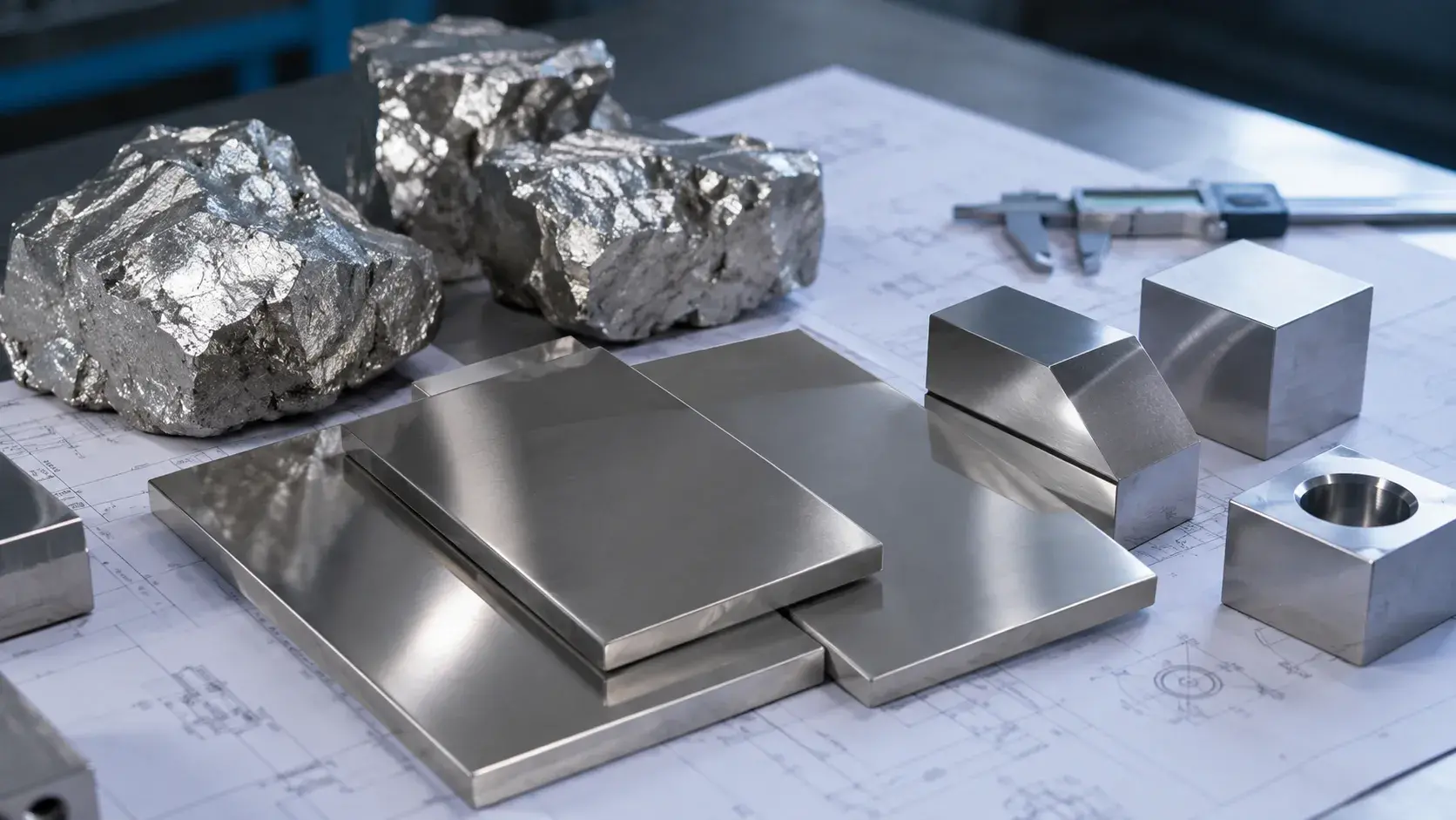 Nickel metal material samples showing industrial properties and metallic texture