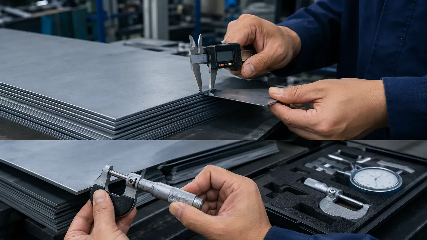 Industrial measurement of steel sheet thickness using precision measuring tools