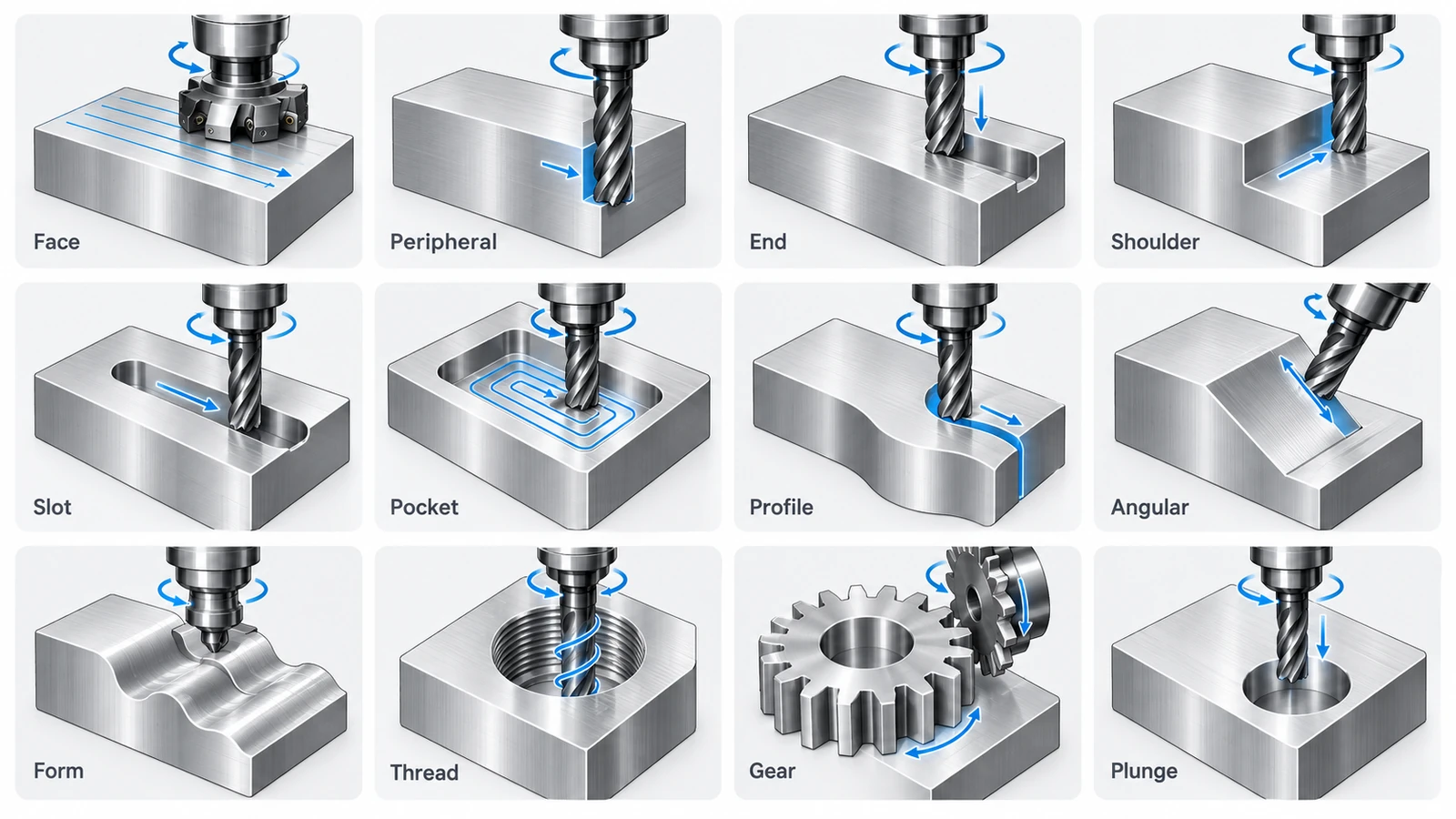 12 common types of milling operations including face, slot, pocket and profile milling
