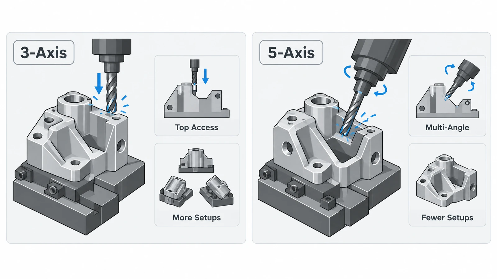 Comparison of 3-axis and 5-axis CNC machining showing tool access and setup differences
