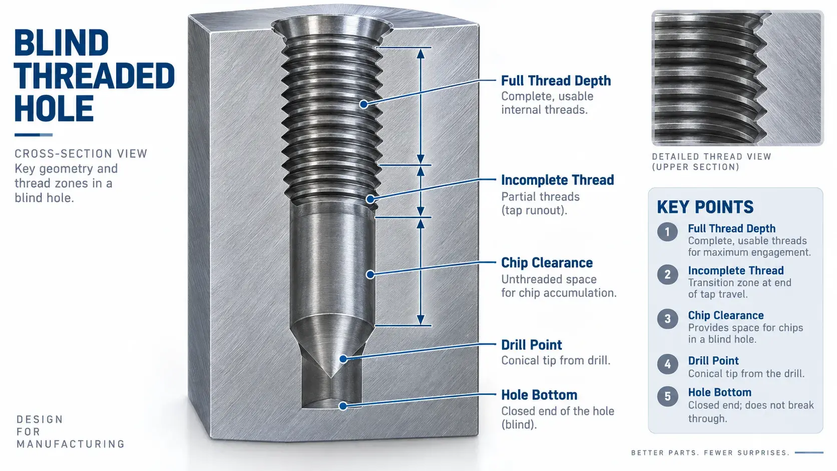 Blind threaded hole depth and chip clearance