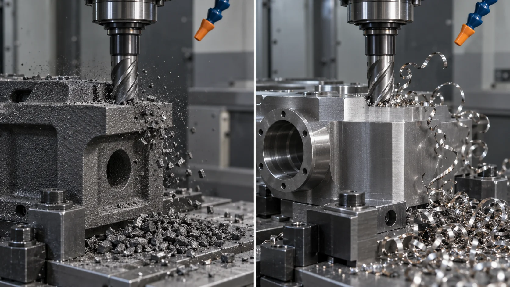 CNC machining cast iron and steel chip formation comparison
