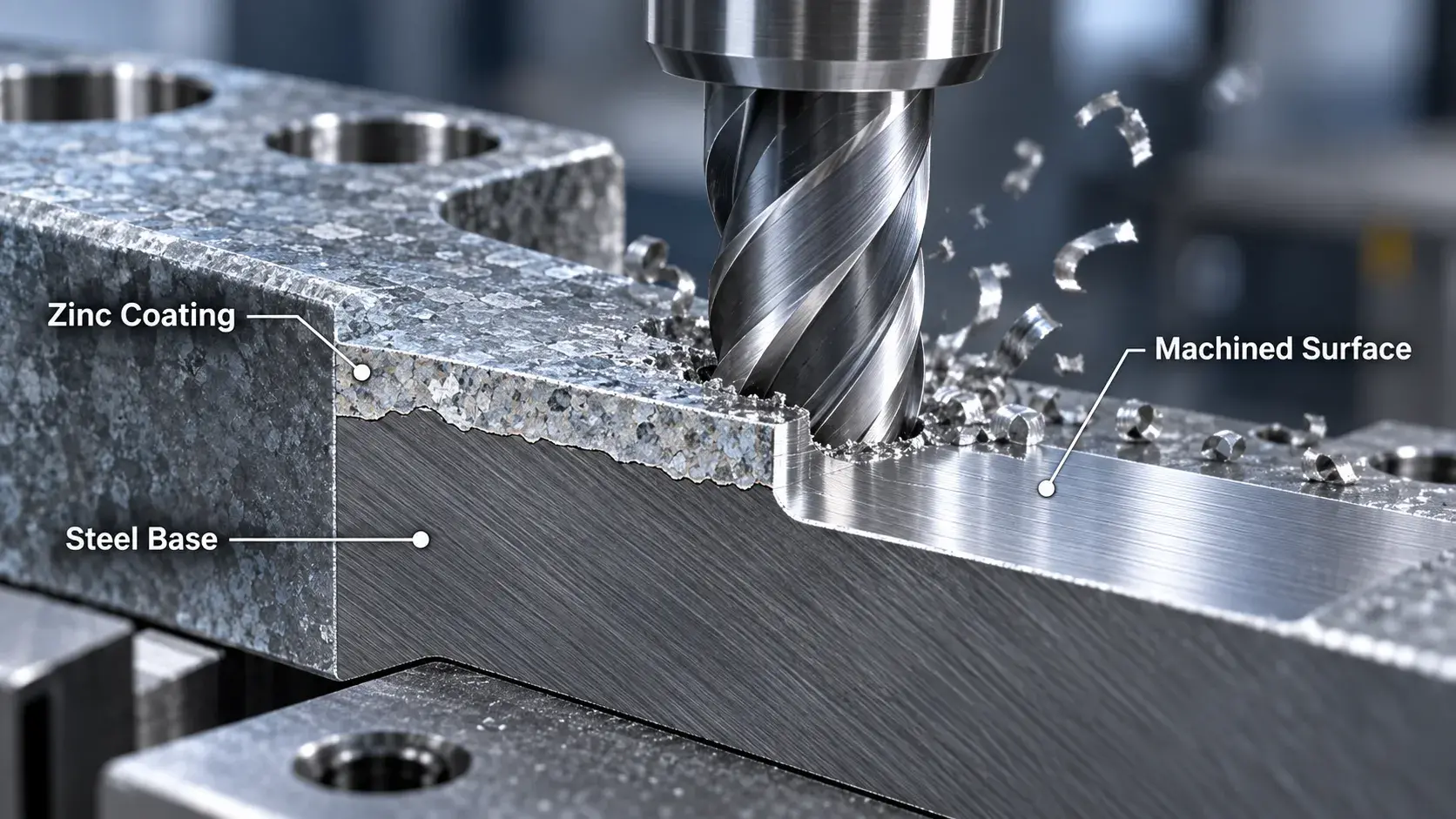CNC machining removes zinc coating from galvanized steel