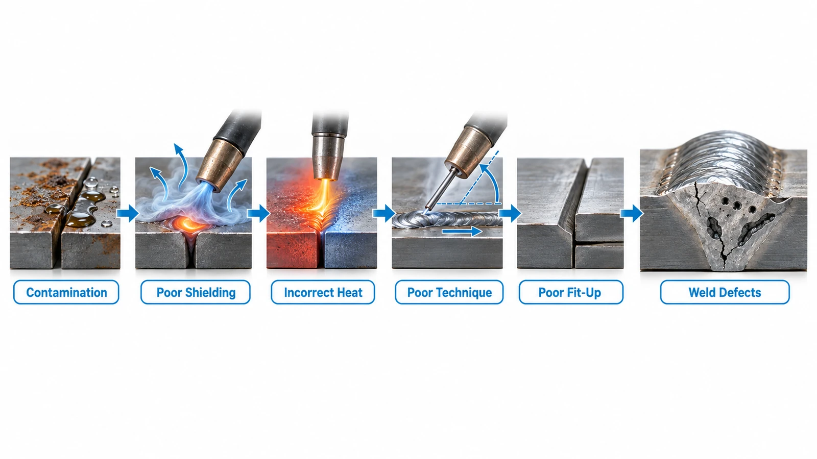 Common causes of welding defects including contamination, poor shielding, incorrect heat, poor technique, and poor fit-up
