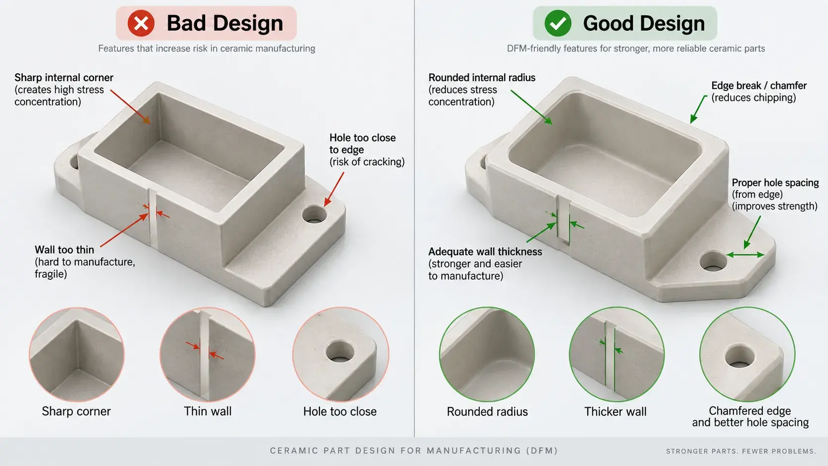 Ceramic part DFM good vs bad design