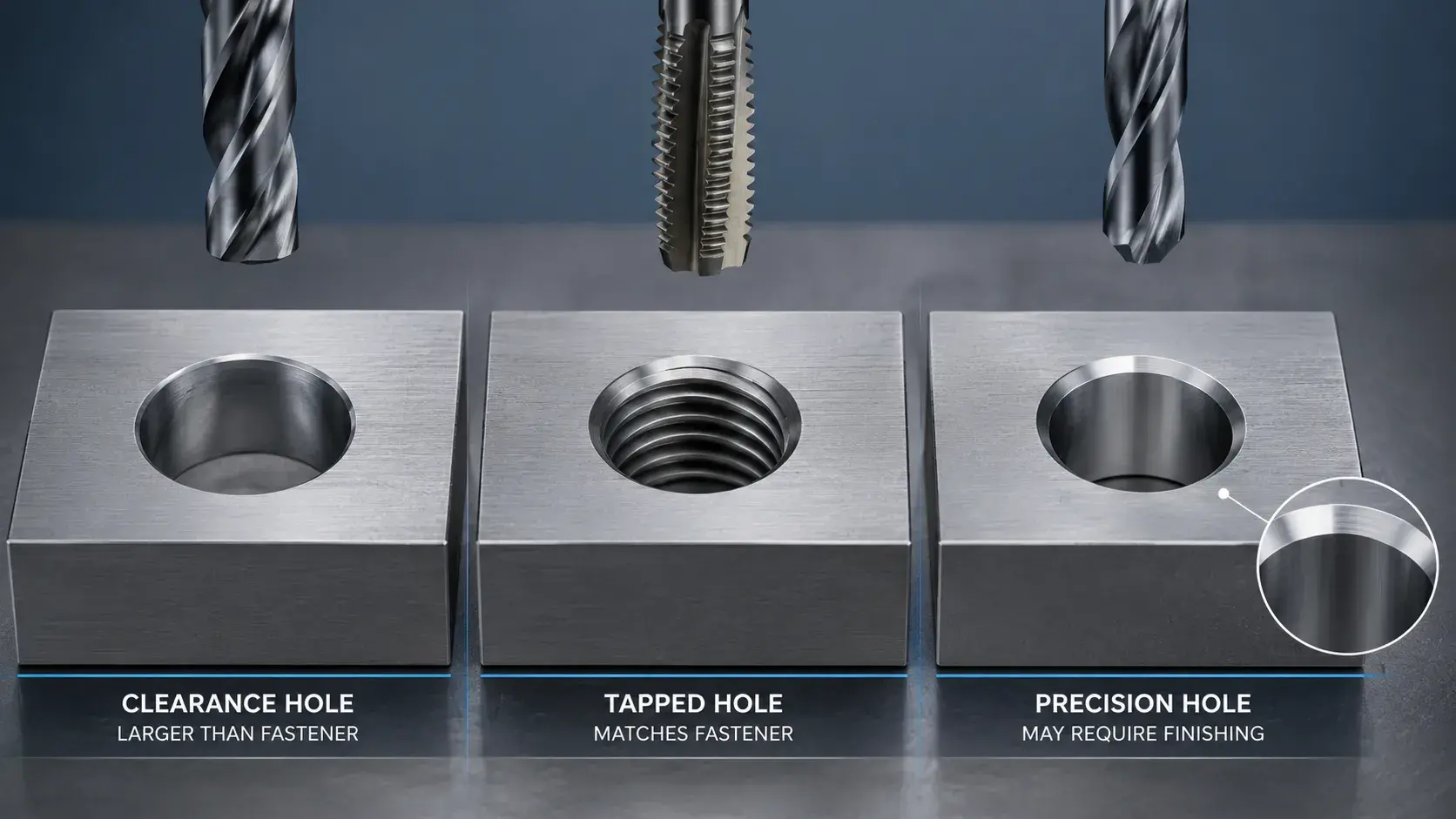 Clearance, tapped and precision holes