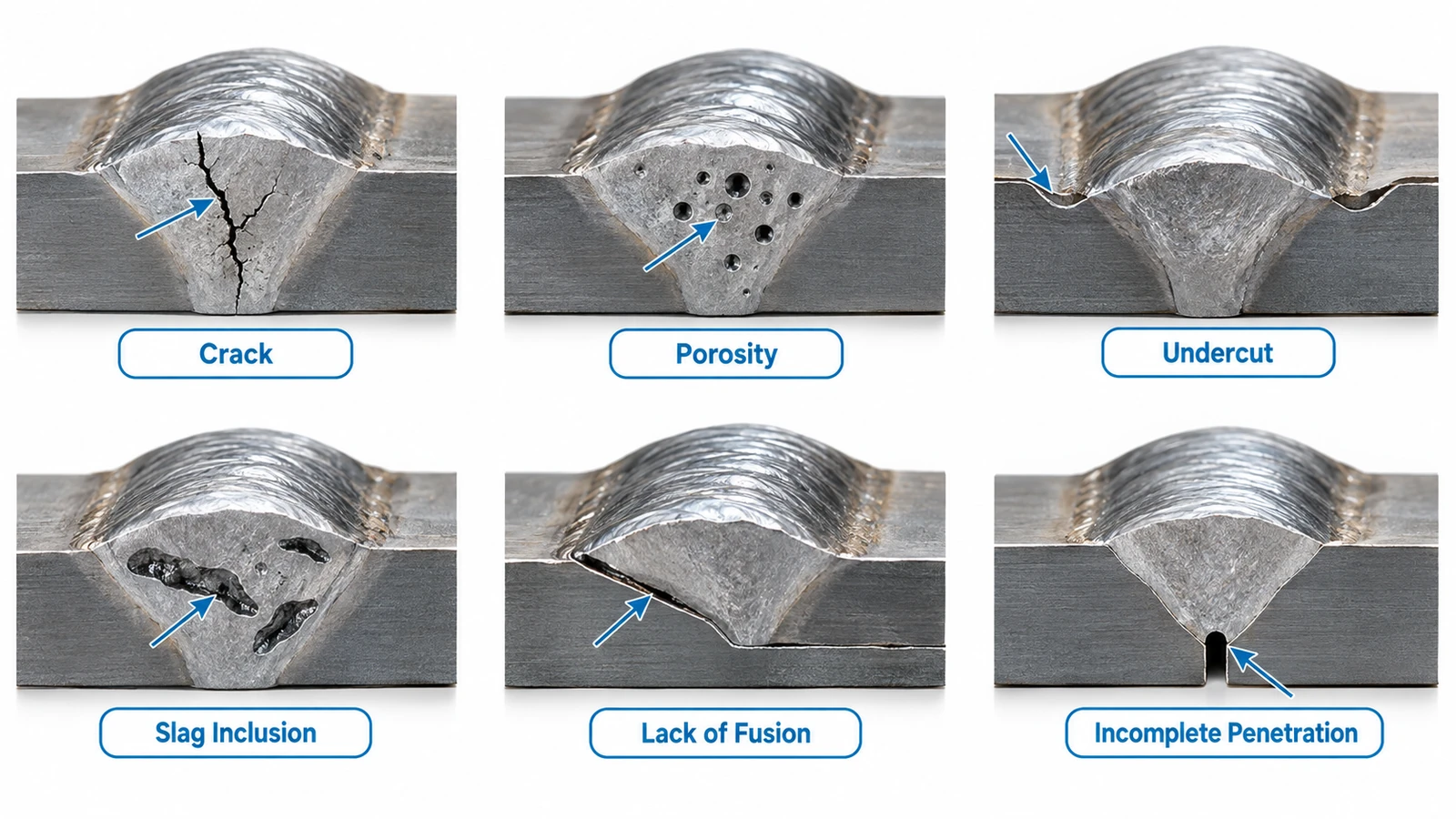 Common welding defects including cracks, porosity, undercut, slag inclusion, lack of fusion, and incomplete penetration