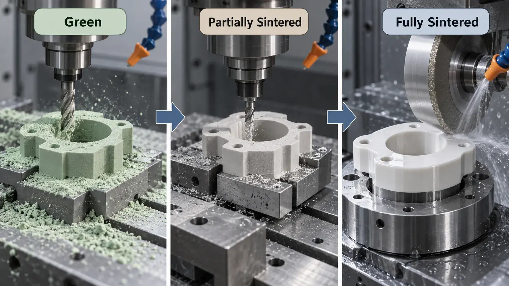 Green vs partially sintered vs fully sintered ceramic machining