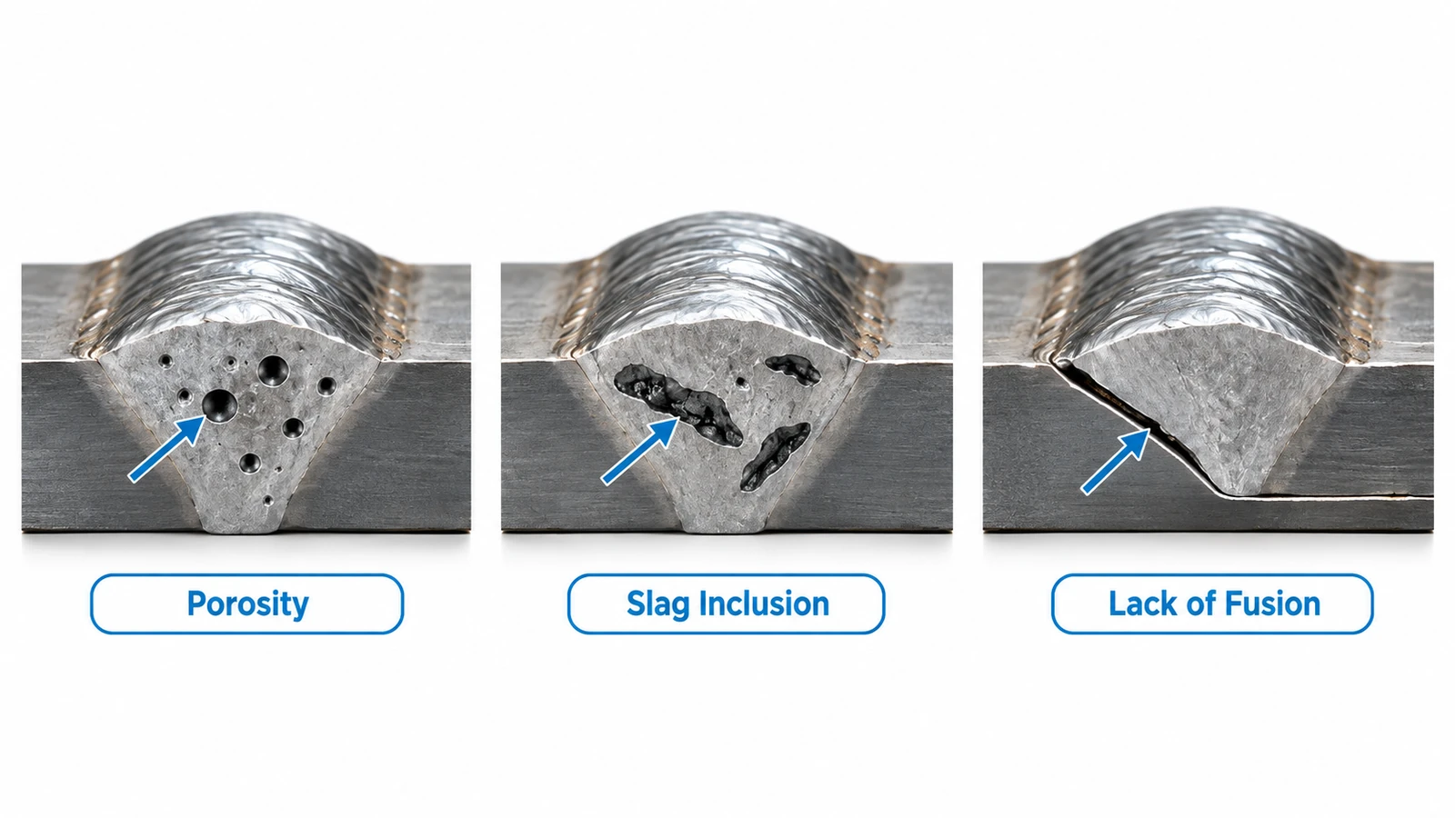 Comparison of porosity, slag inclusion, and lack of fusion in welded joints