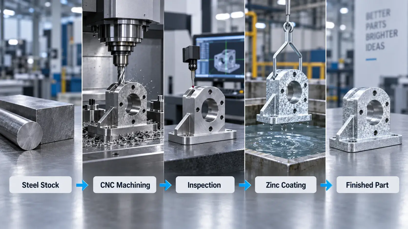 Steel CNC machining before zinc coating process
