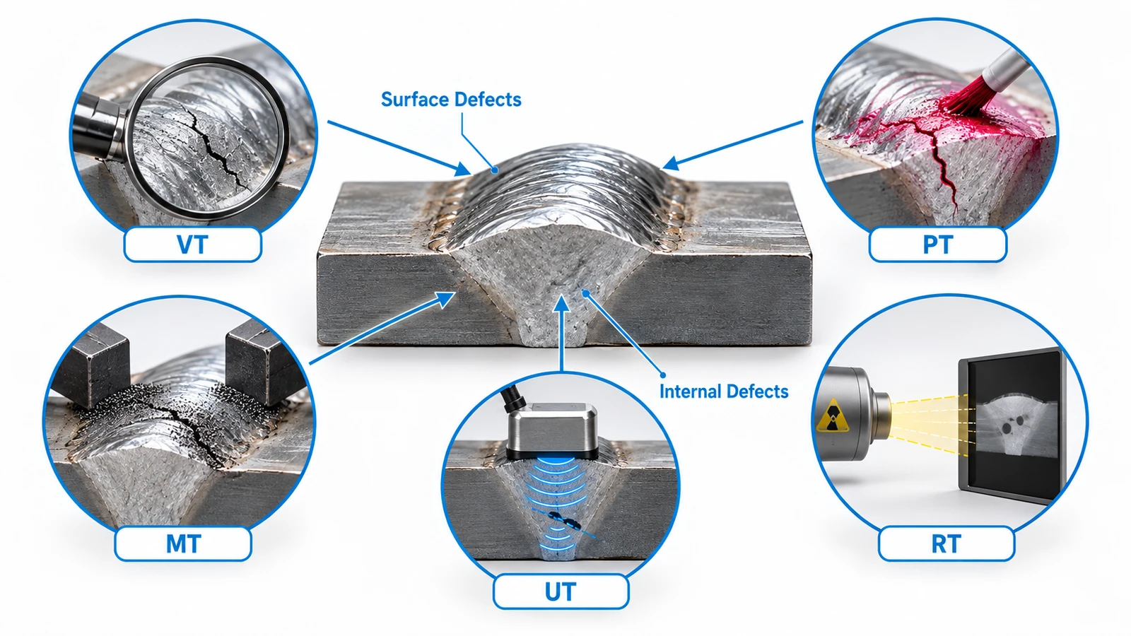 Welding defect inspection methods including VT, PT, MT, UT, and RT