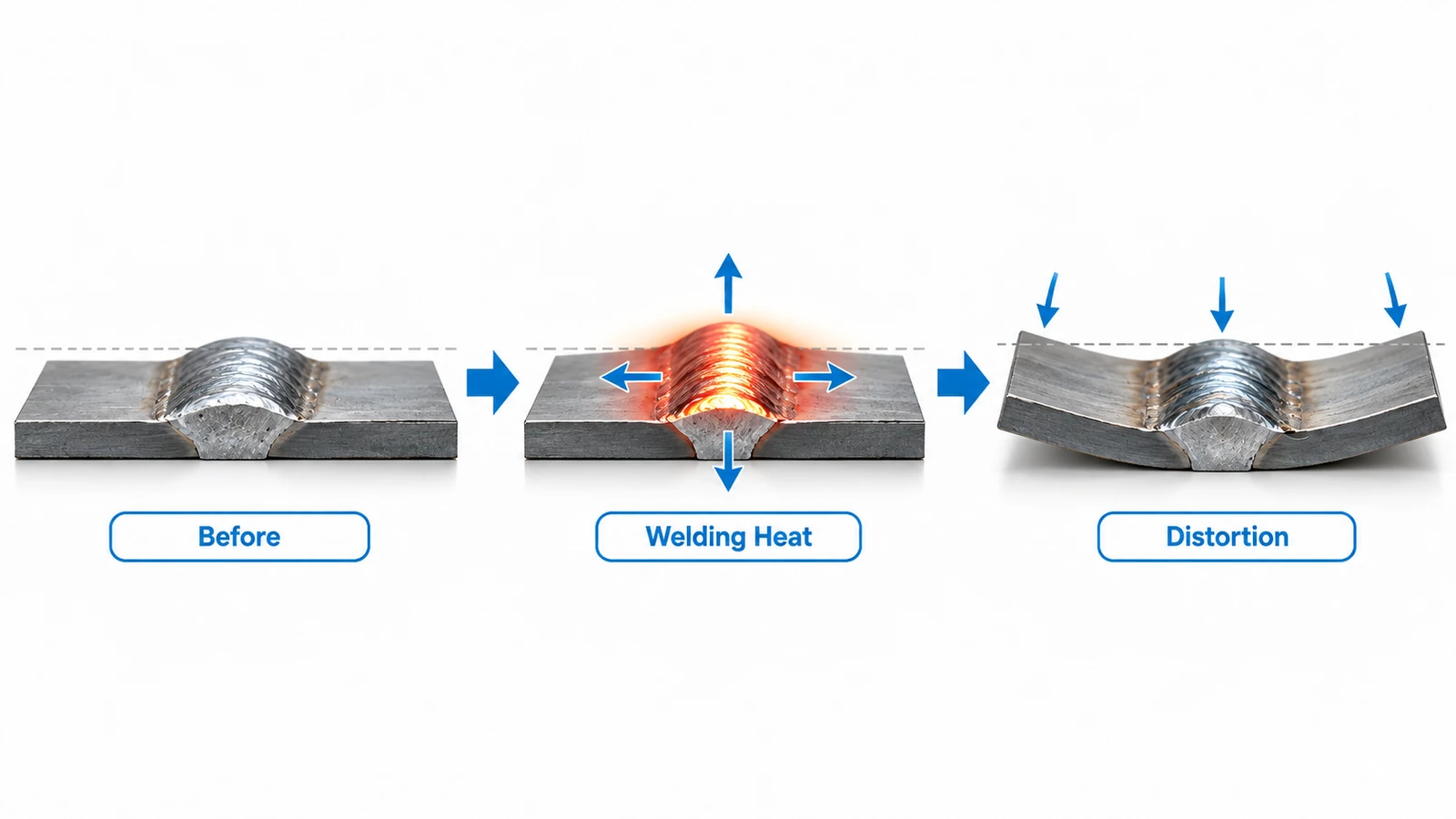 Welding heat causing thermal expansion, shrinkage, and distortion in a steel part