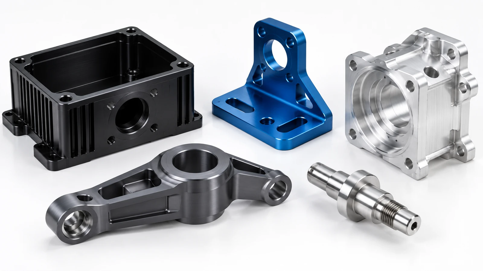 Anodized CNC aluminum parts in black blue and clear finishes