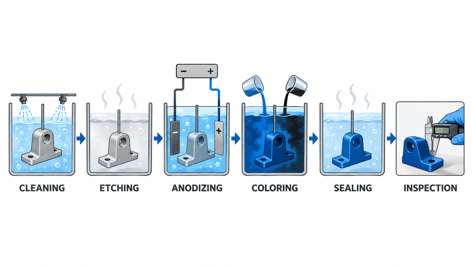 Aluminum anodizing process from cleaning to sealing and inspection