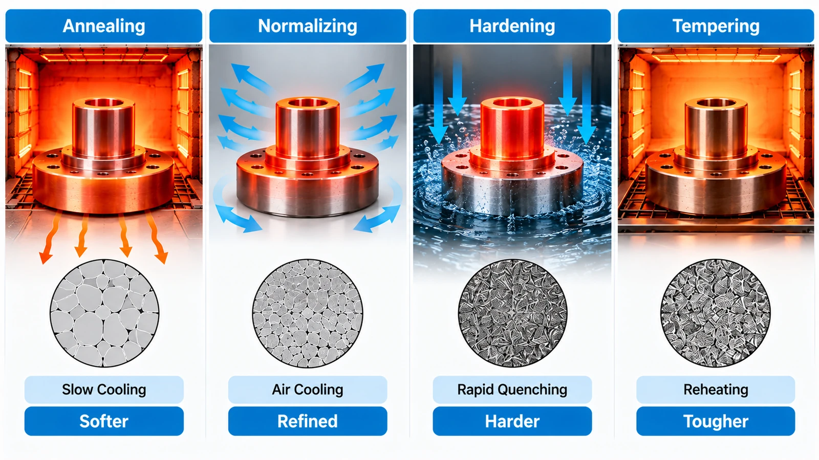 Annealing vs normalizing vs hardening vs tempering heat treatment comparison