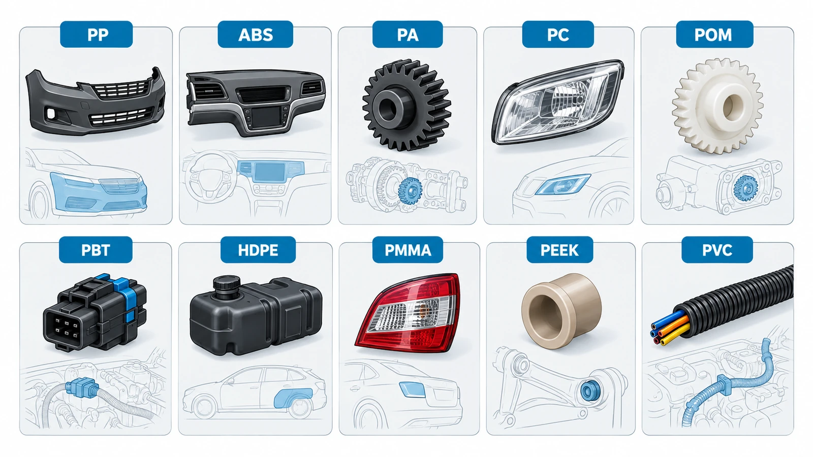 Common automotive plastics including PP ABS nylon PC POM PBT HDPE PMMA PEEK and PVC