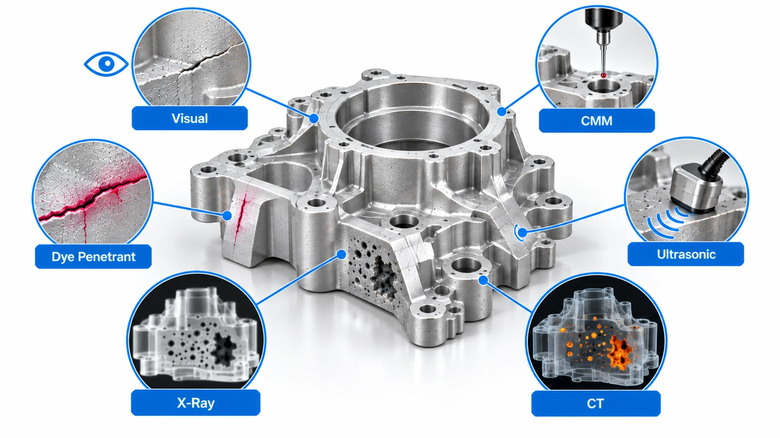 Inspection methods used to detect surface and internal casting defects