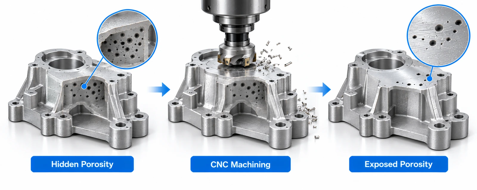 Hidden casting porosity exposed after CNC machining a metal part