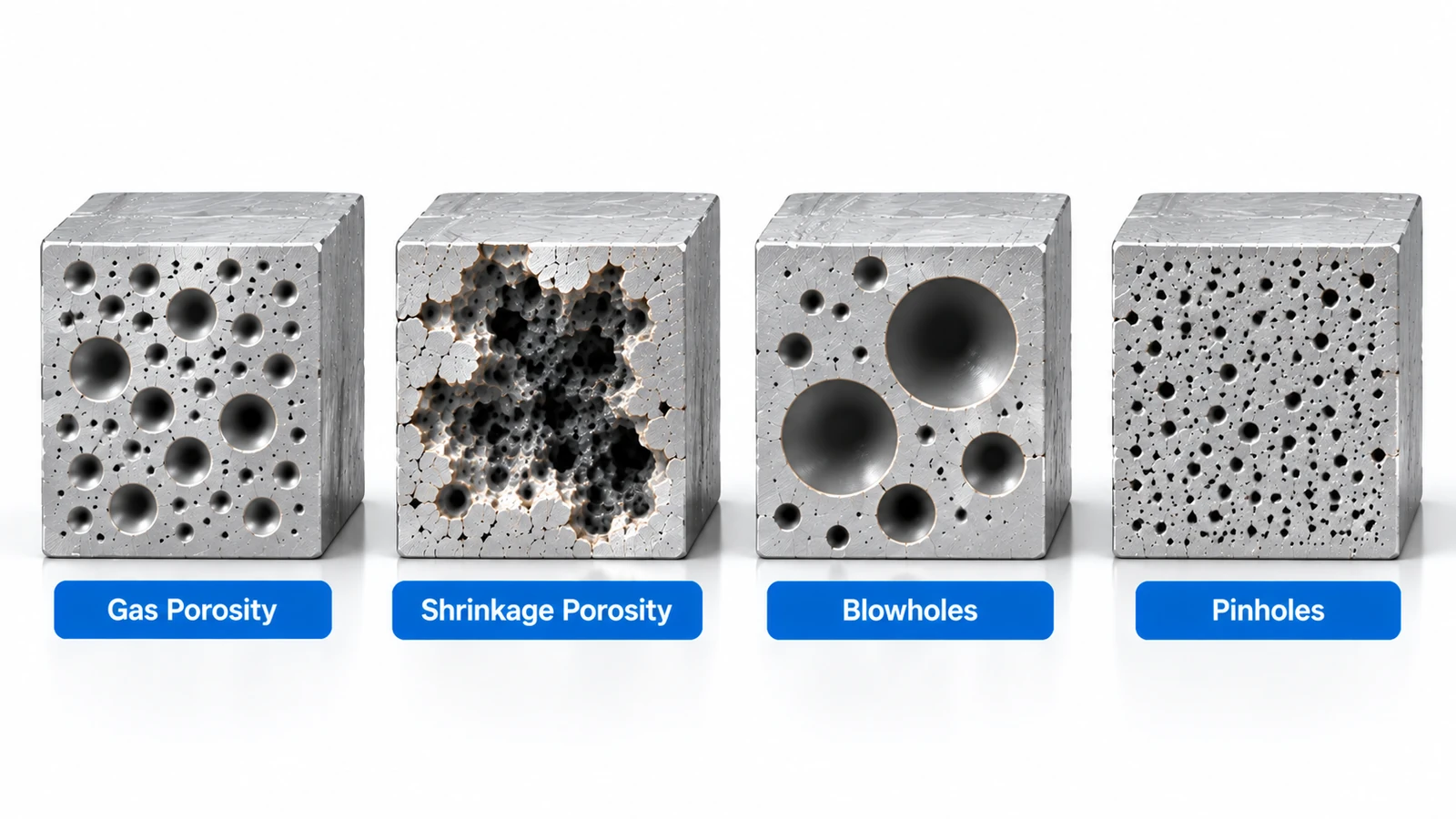 Comparison of gas porosity, shrinkage porosity, blowholes and pinholes in metal castings