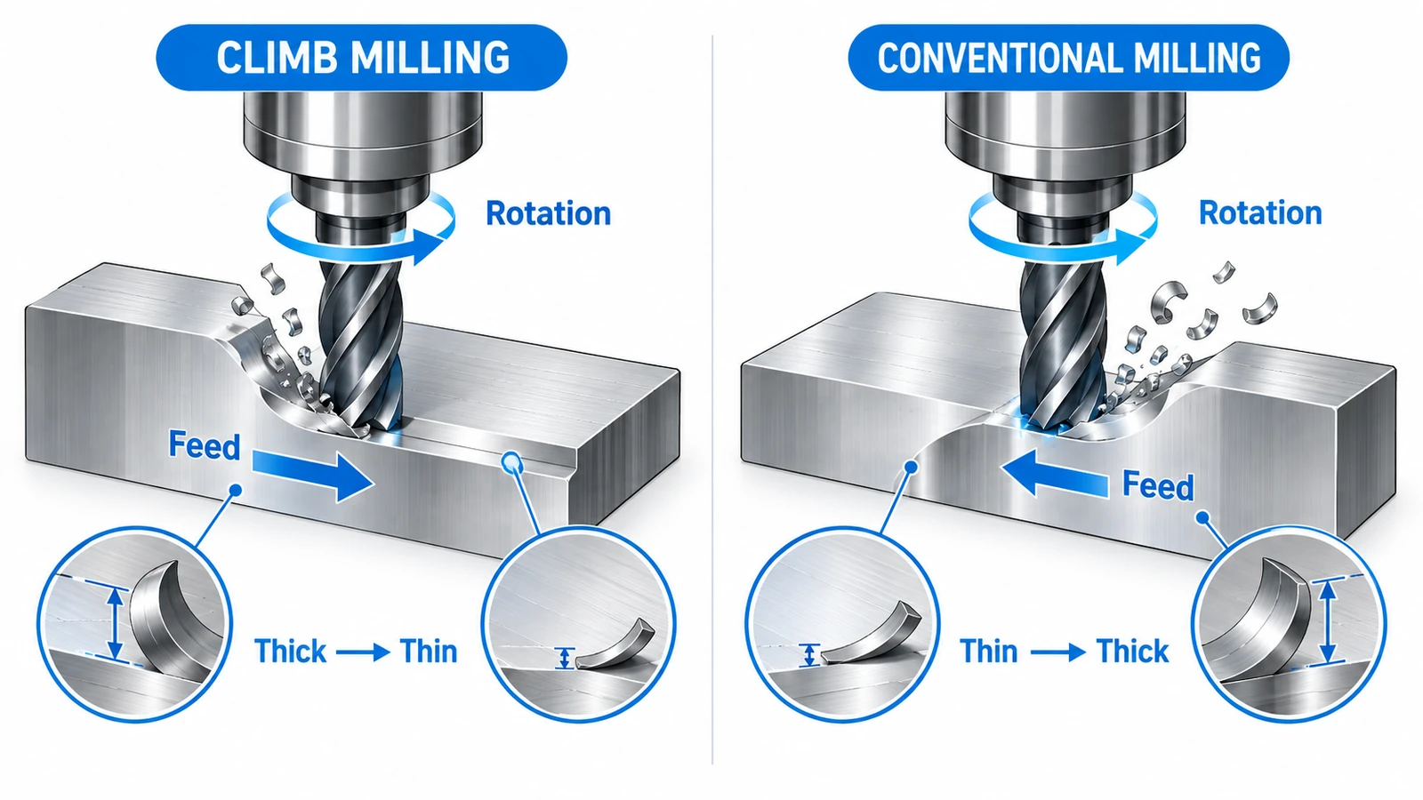 Climb milling vs conventional milling showing feed direction and chip thickness