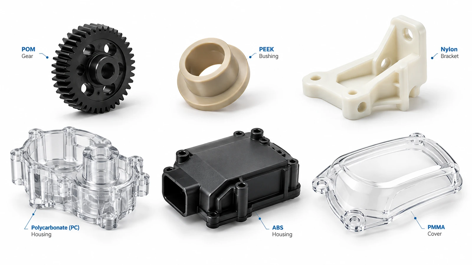 CNC machined automotive plastic parts made from POM PEEK nylon polycarbonate ABS and PMMA