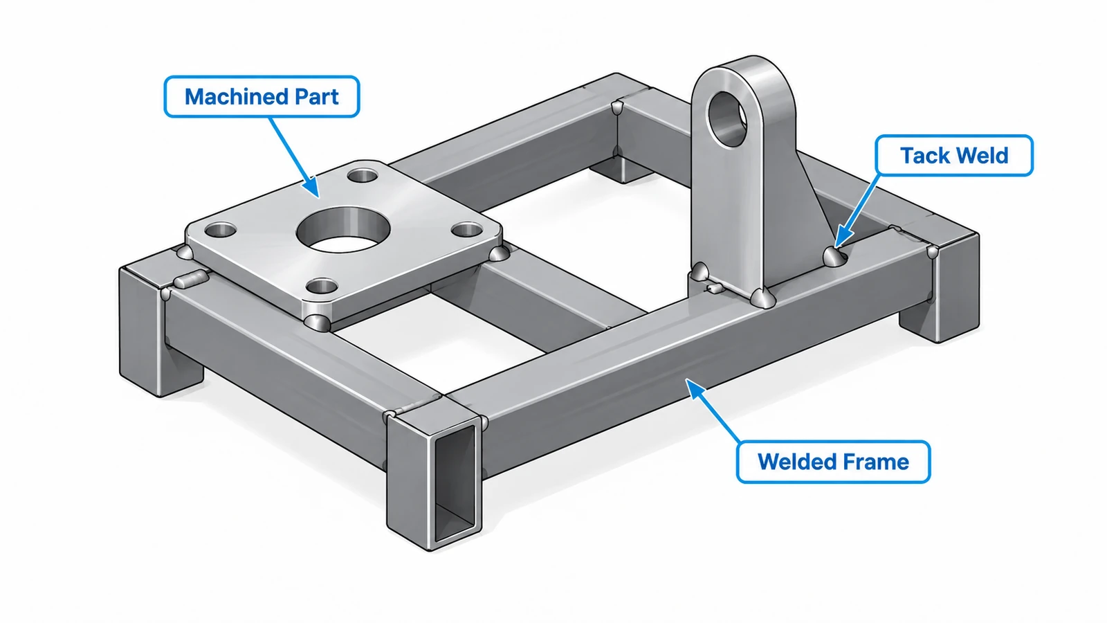 CNC machined components positioned with tack welds before final assembly welding