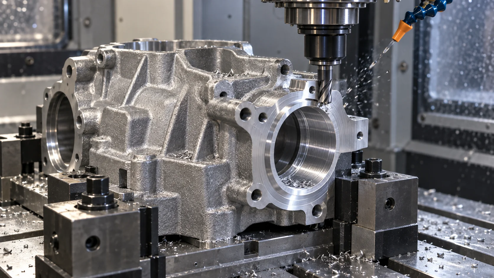 CNC machining precision features on an aluminum die cast housing