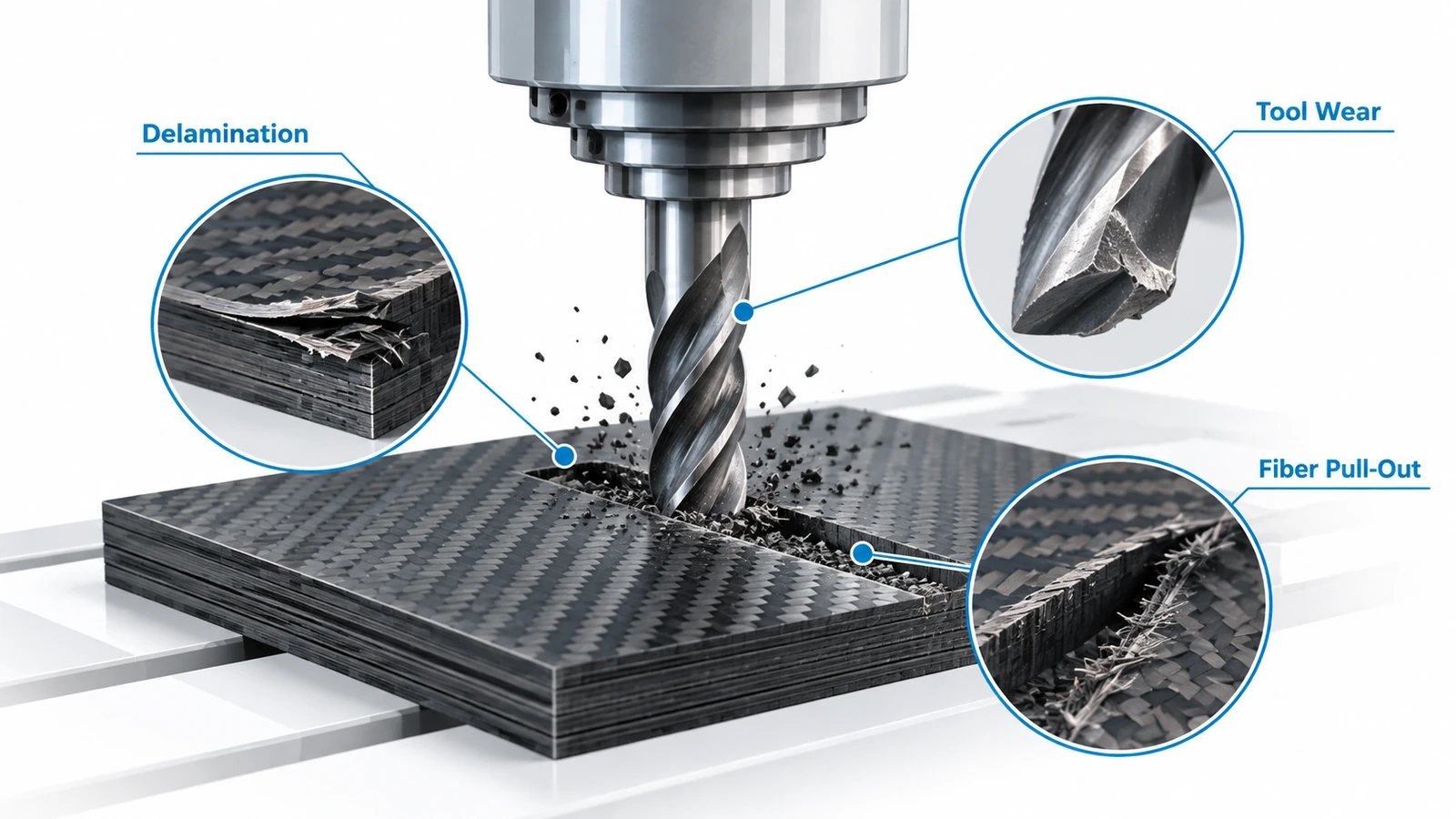 CNC machining carbon fiber composite showing delamination, fiber pull-out and tool wear