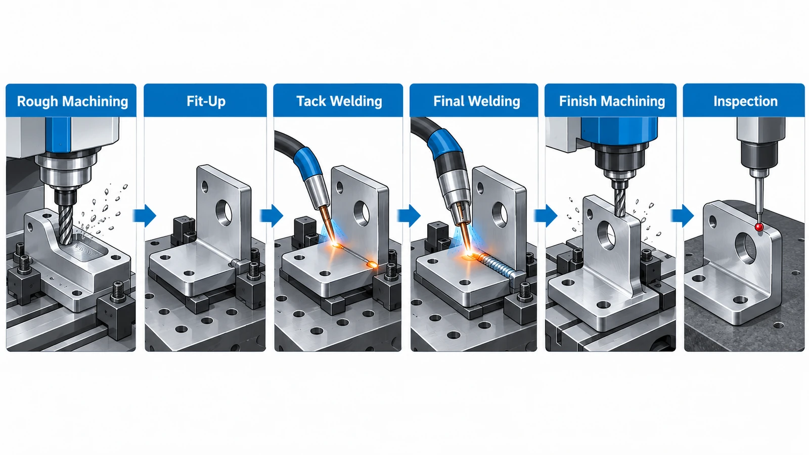 CNC machining and welding workflow from rough machining and tack welding to final inspection