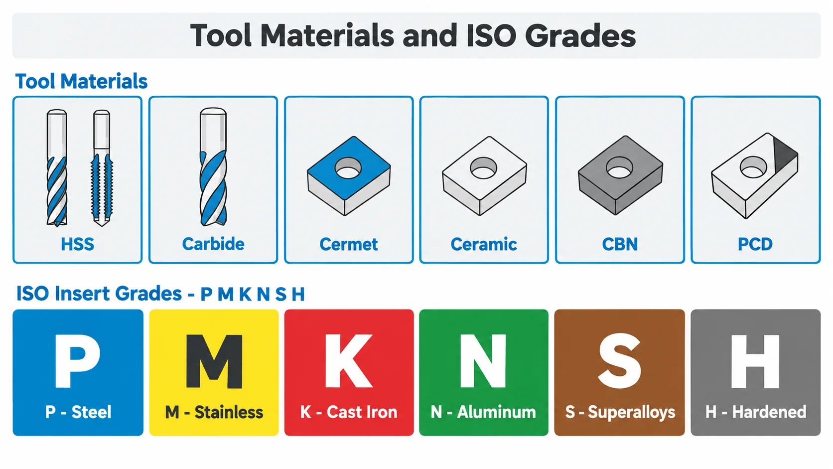 CNC cutting tool materials and ISO insert grades P M K N S H color chart
