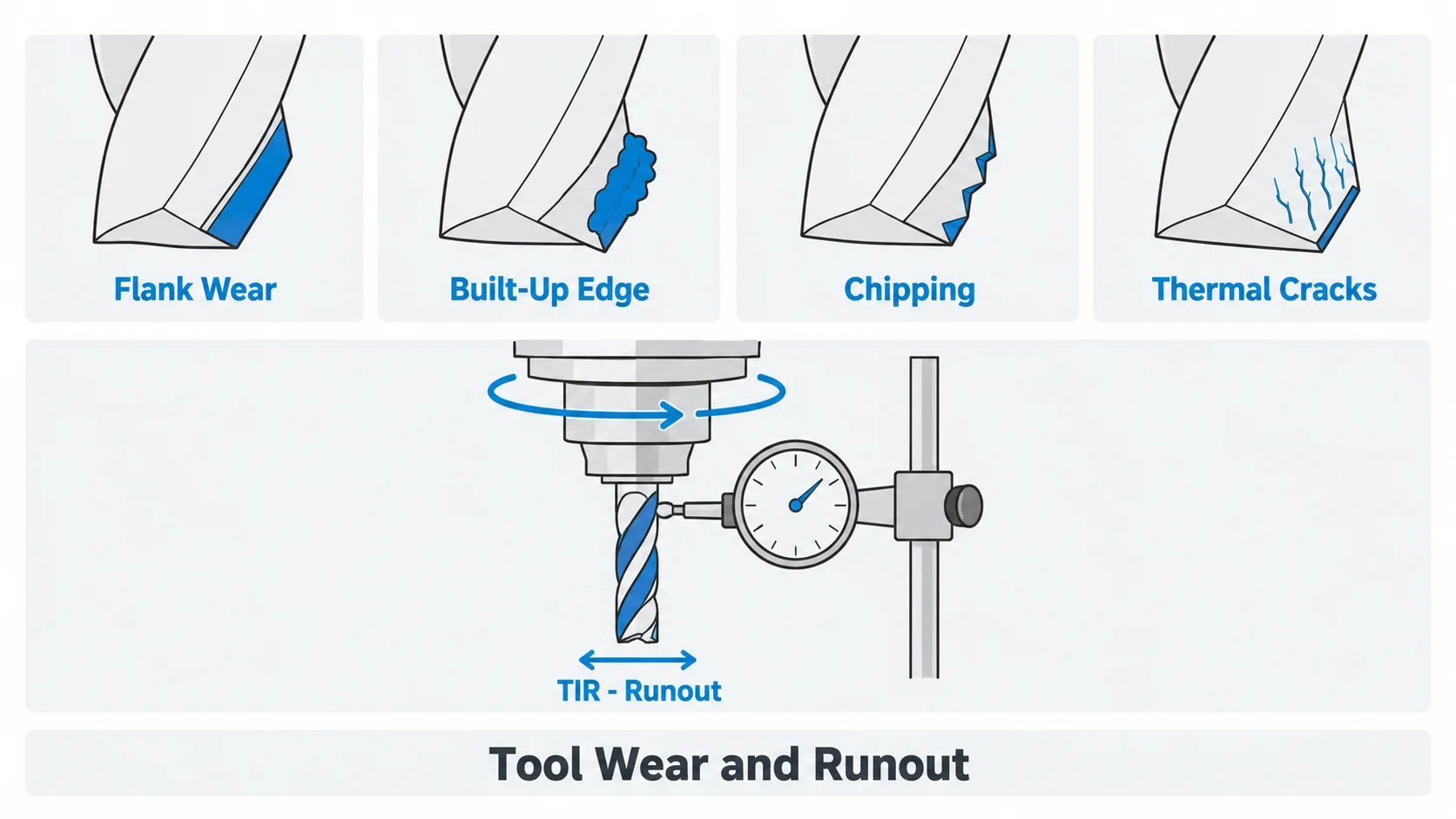 CNC cutting tool wear types and tool runout on a milling cutter