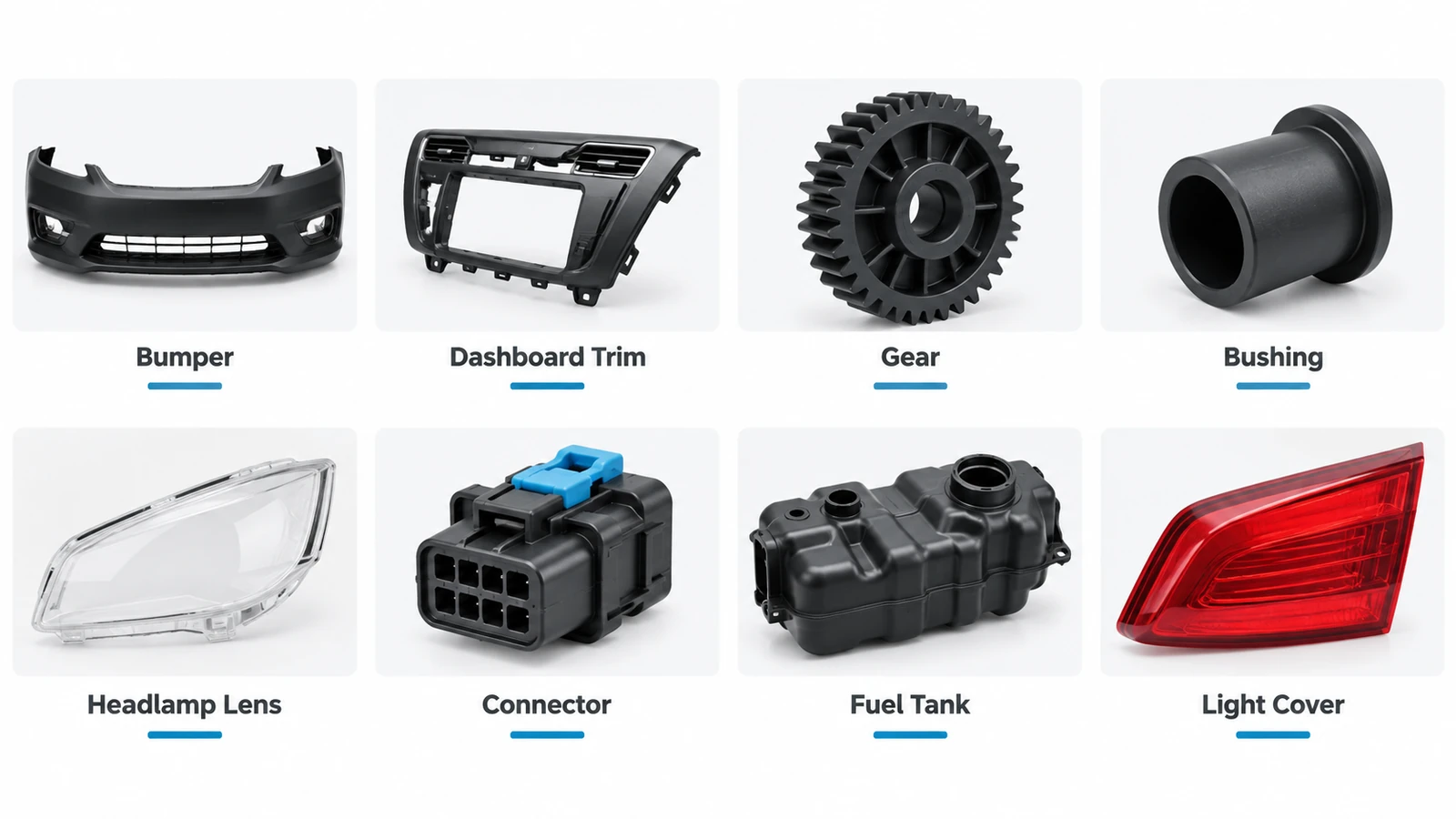 Common automotive plastic parts including bumper gear bushing connector fuel tank and light cover