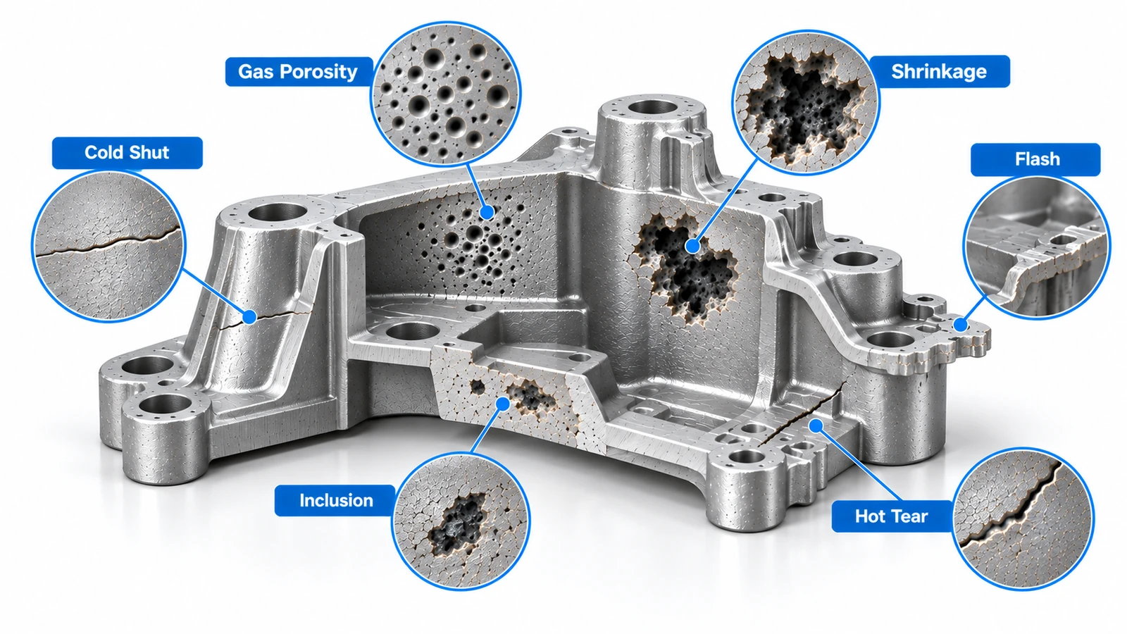 Common casting defects including porosity, shrinkage, inclusions, cold shuts, hot tears and flash