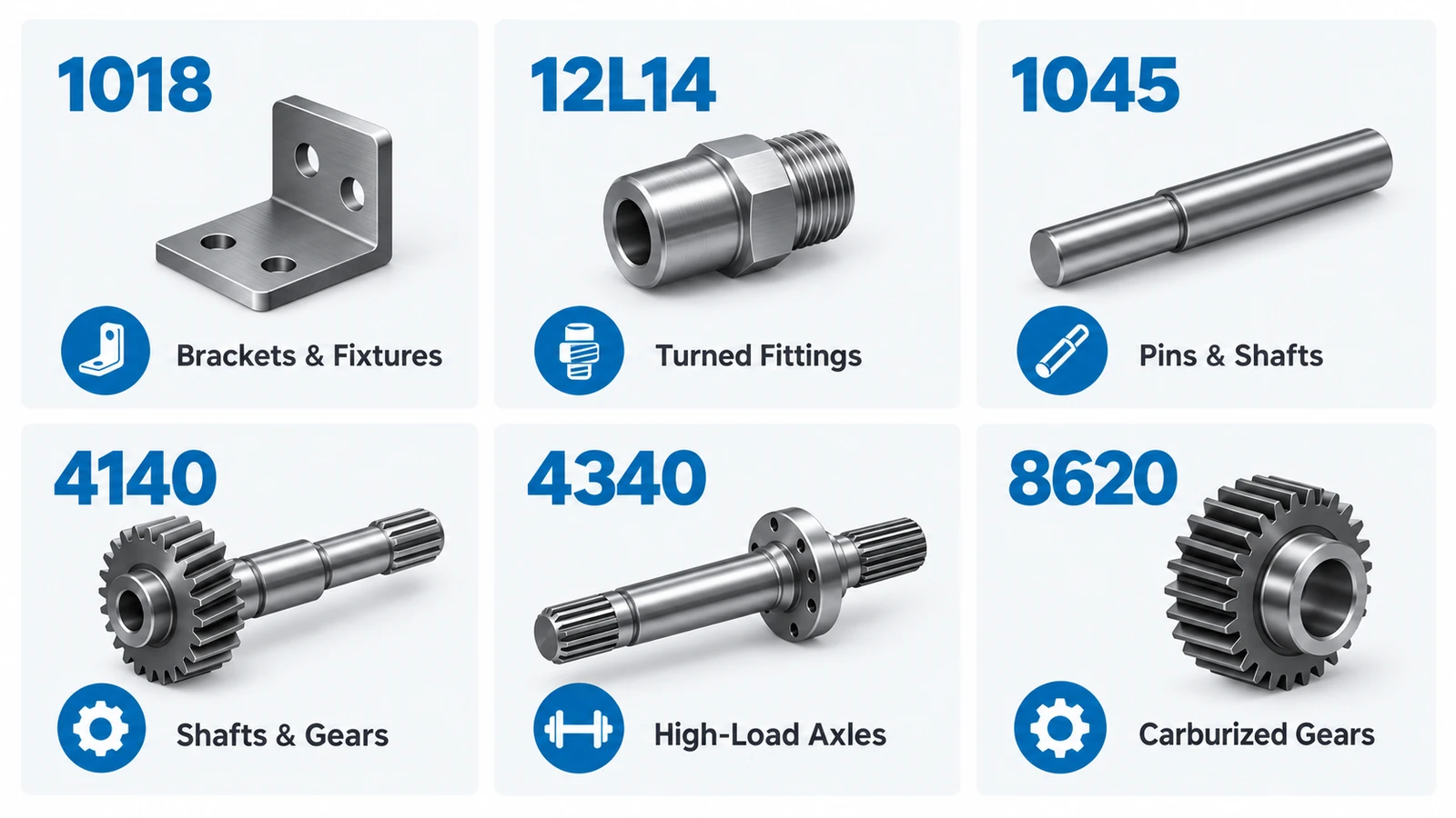 Common CNC steel grades including 1018, 12L14, 1045, 4140, 4340 and 8620