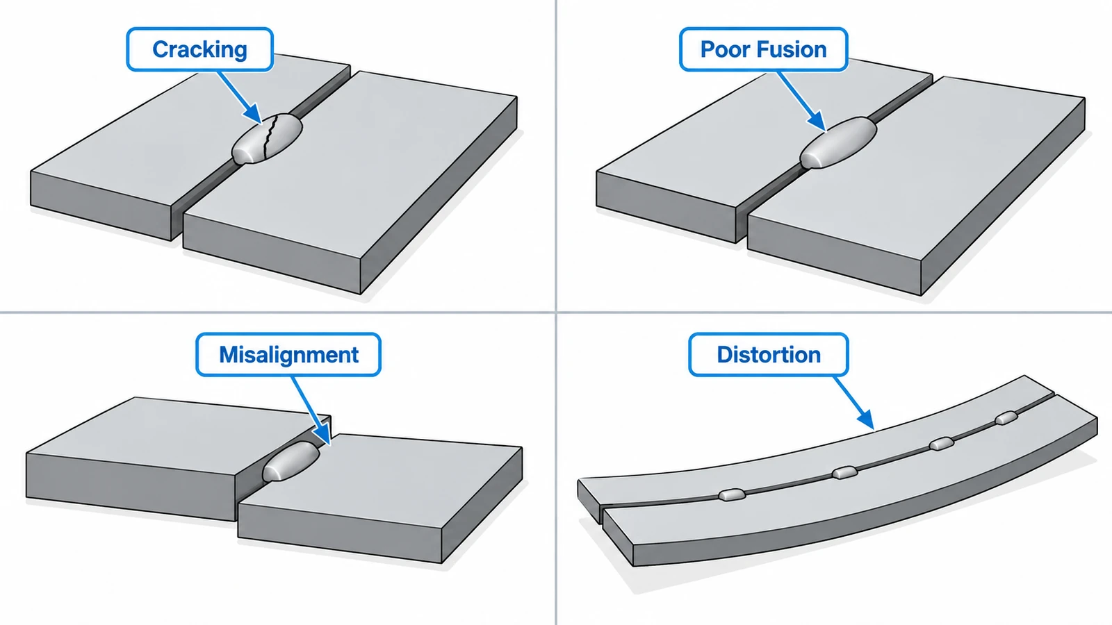 Common tack welding defects including cracking poor fusion misalignment and distortion