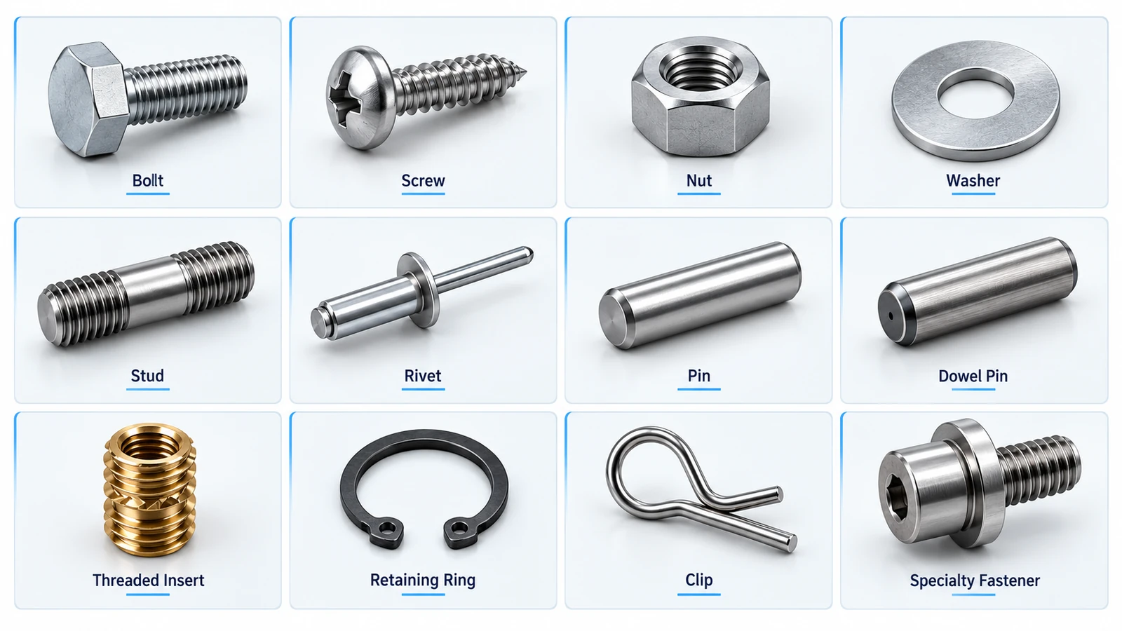 Common types of fasteners including bolts, screws, nuts, washers, studs, rivets, pins and threaded inserts