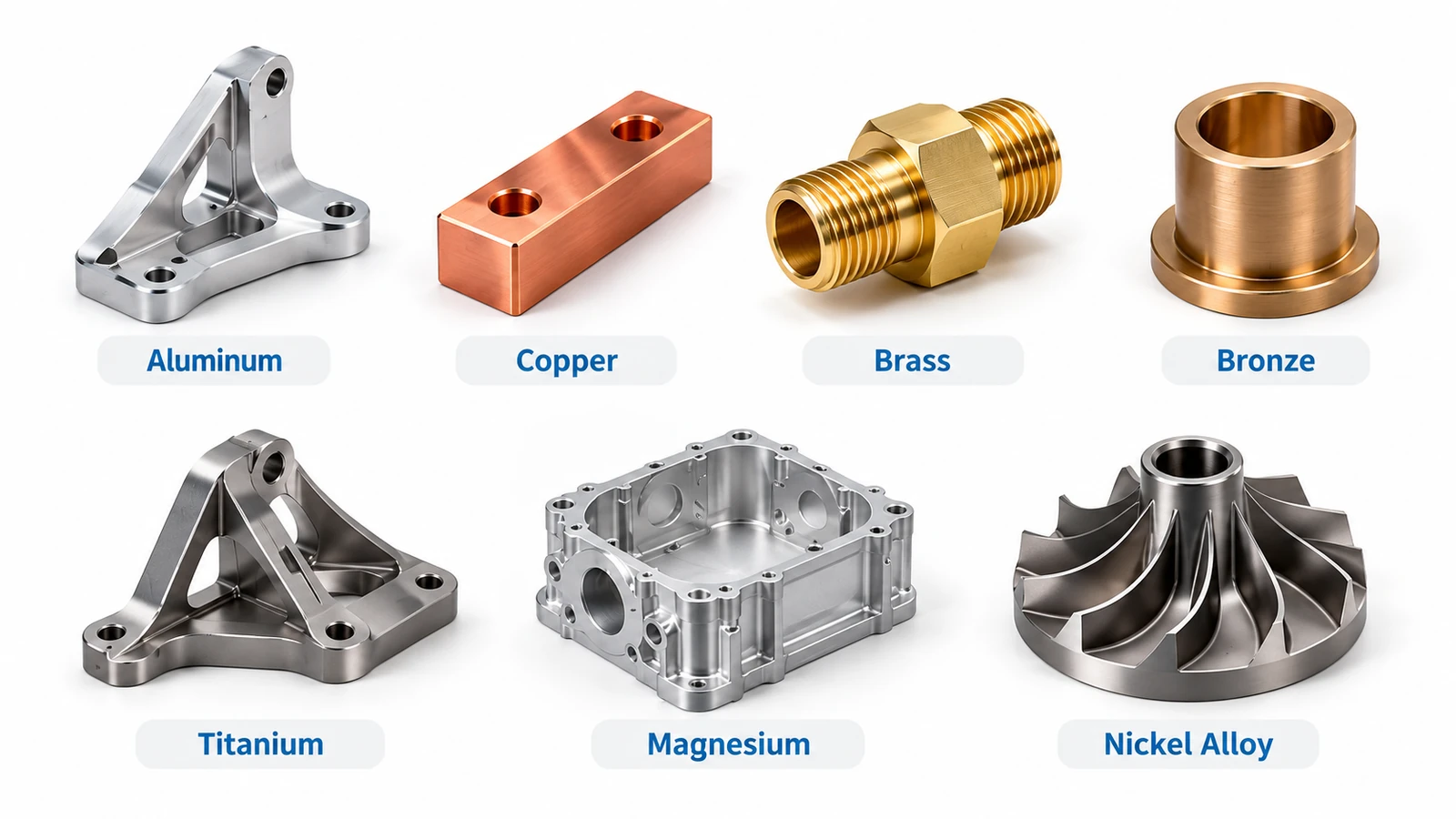 Common types of non-ferrous metals including aluminum, copper, brass, bronze, titanium, magnesium and nickel alloy