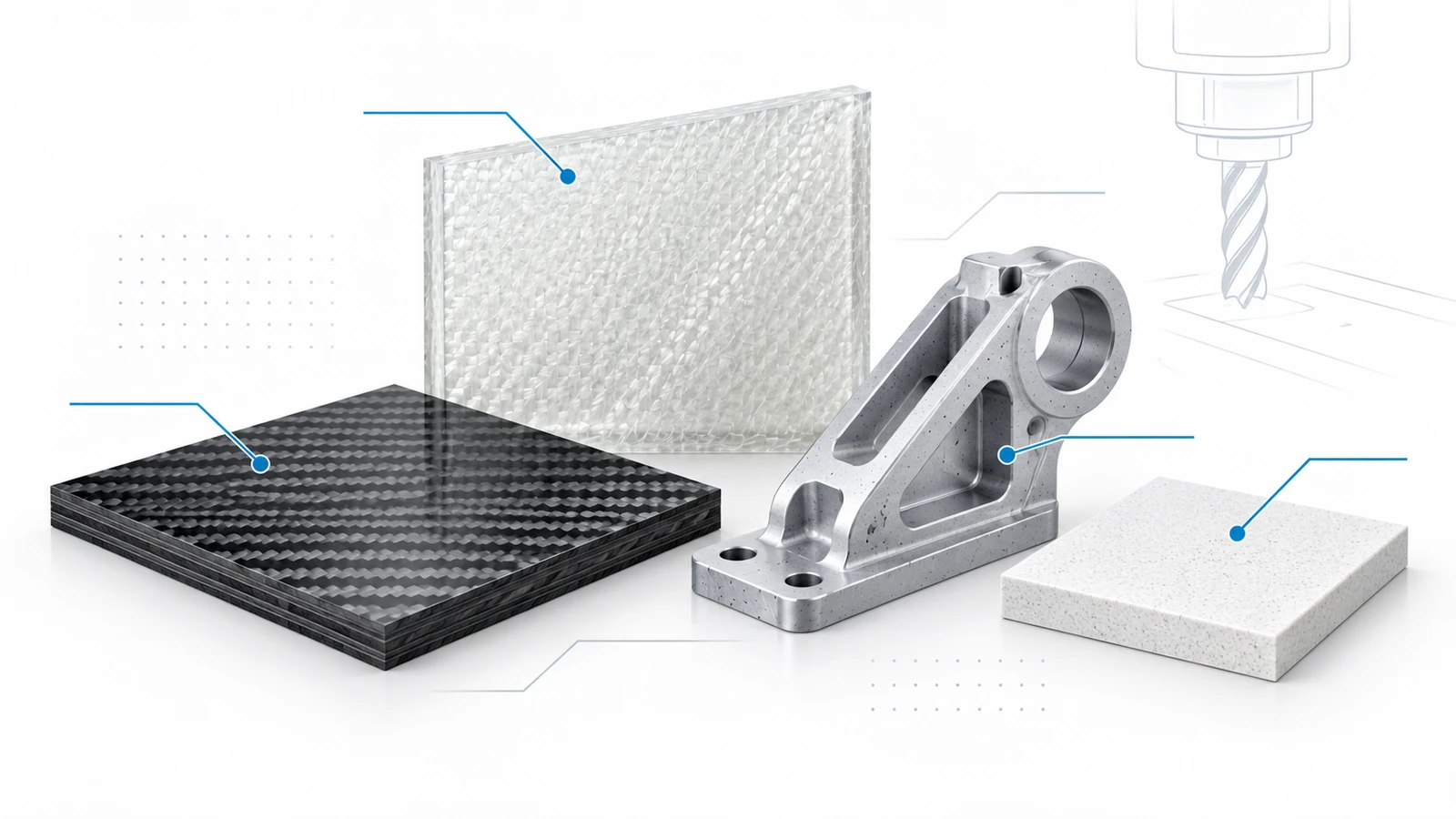 Engineering composite materials including carbon fiber, fiberglass, metal matrix and ceramic composites