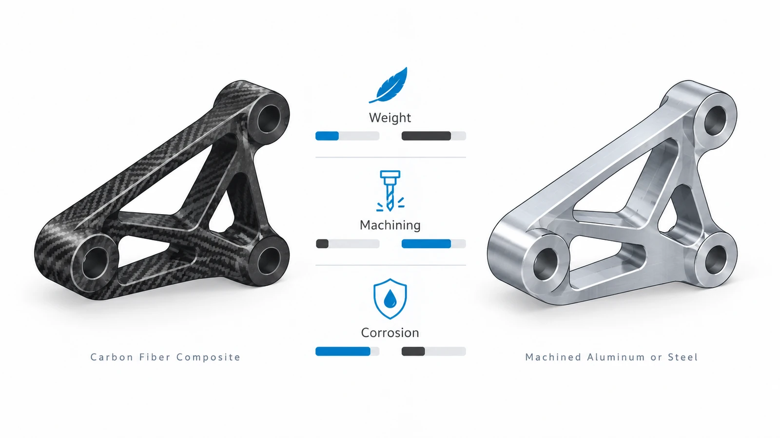 Carbon fiber composite part compared with a machined metal part